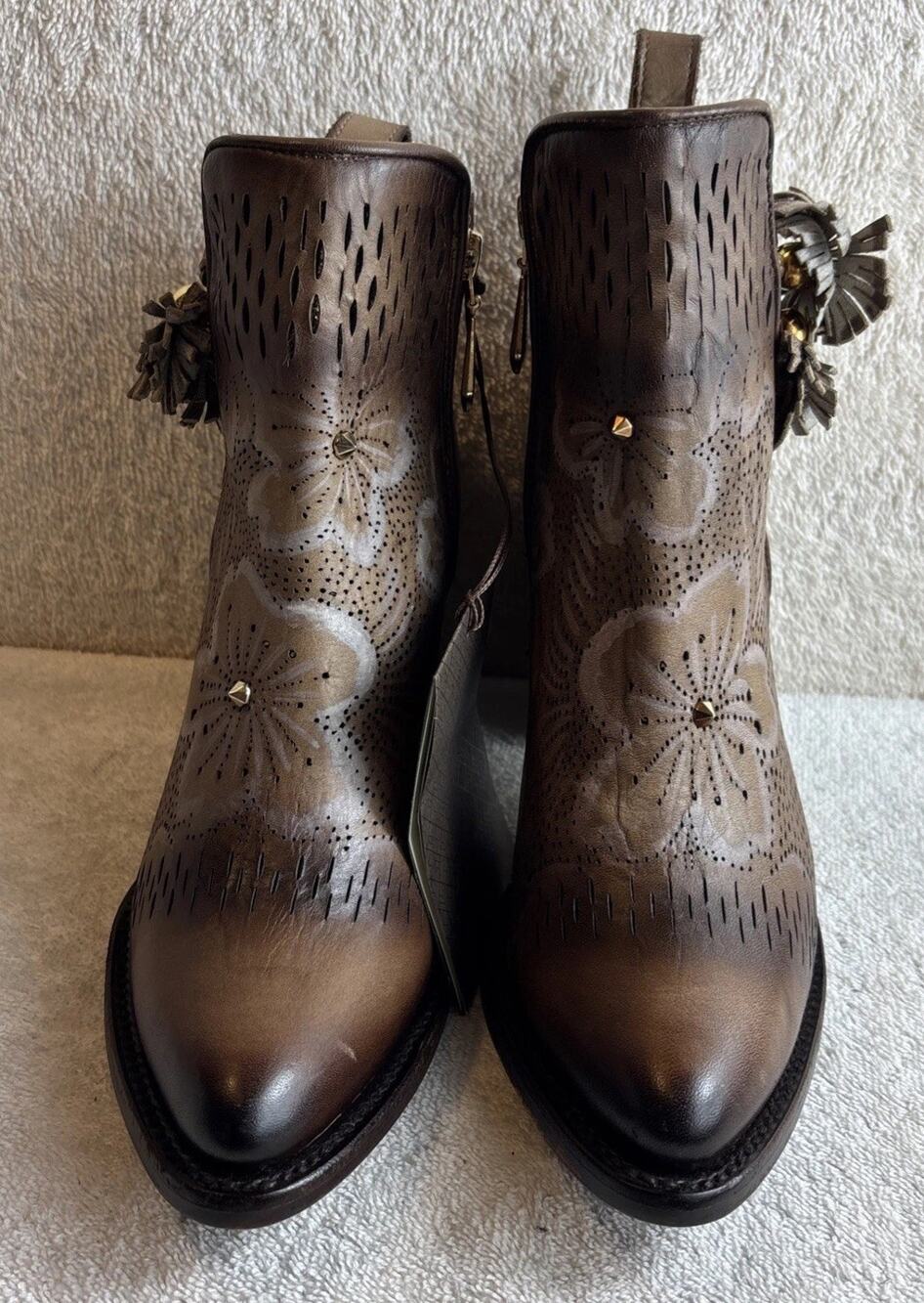 Cuadra Brown Floral Cutout Leather Ankle Boots Women’s Size 6 M 32016
